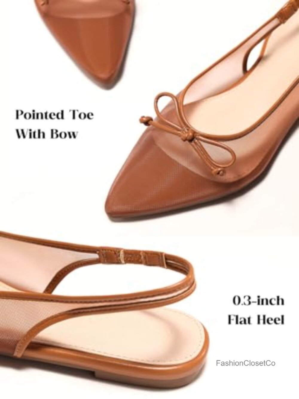 Womens Slingback Flats Bow Knot Mesh Pointed Toe Low Heel Ballet Flats Dressy - Picture 4 of 7